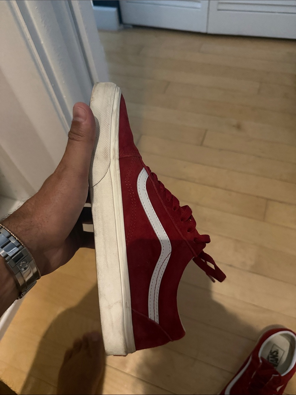 Vans Red Low-Top Suede Skate Shoe with White Side Stripe